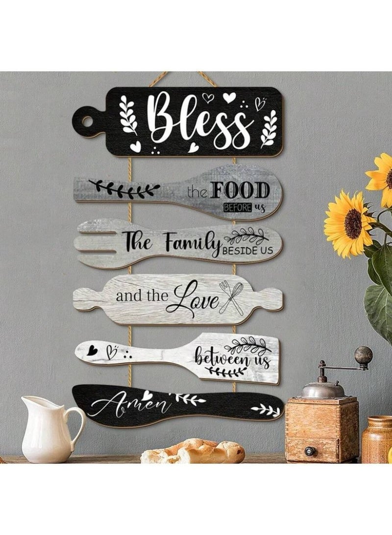 Bless the Food Before Us Wall Hanging – Rustic Kitchen Wall Decor Sign – Wooden Spoon & Fork Quote Art – Farmhouse Dining Room Hanging Plaque - Image 1